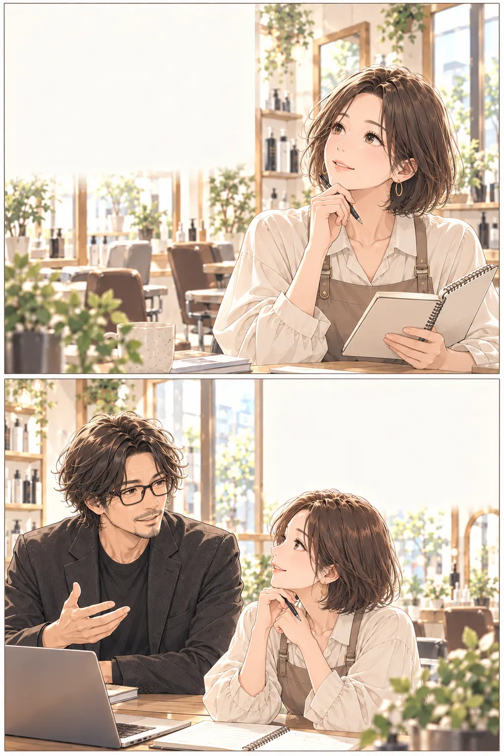 経験が店の外でも役立つを描く上下2コマの漫画