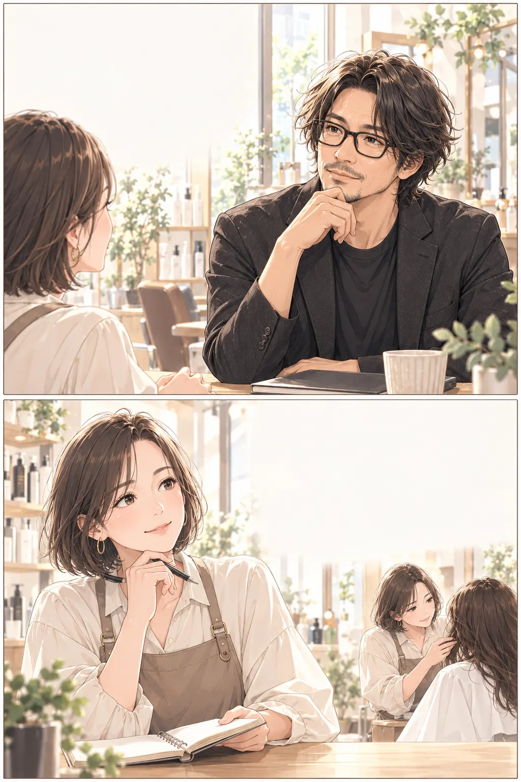 上のコマでヒデが話を聞き、下のコマで女性オーナーが日々の接客を思い返す。